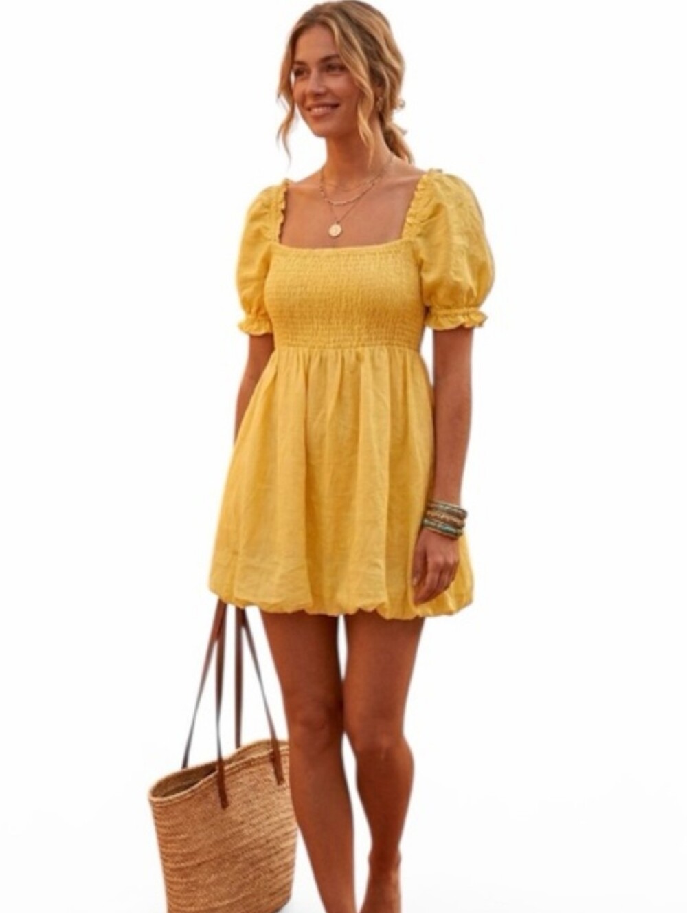 House of Harlow 1960 Yellow Smocked Puff Sleeve Mini Dress